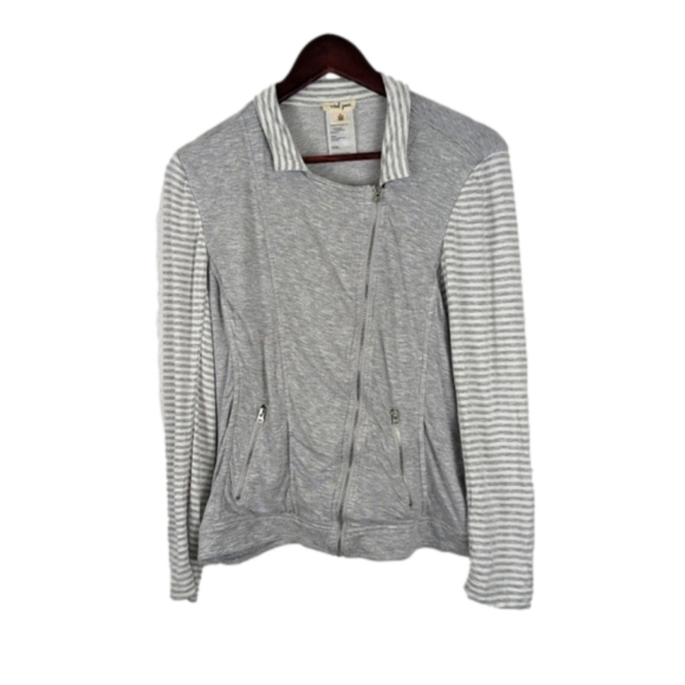 Tribal Jeans Jacket Medium Gray White‎ Striped Full Zip Pockets Comfortable